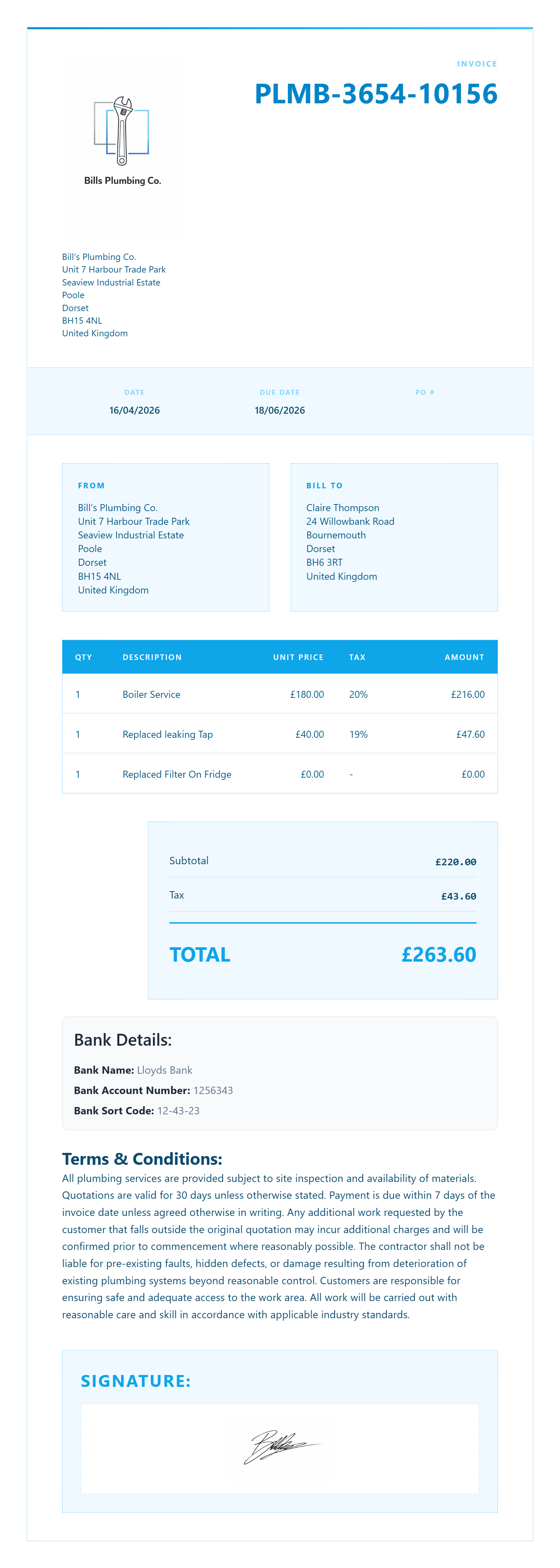 Construction invoice example