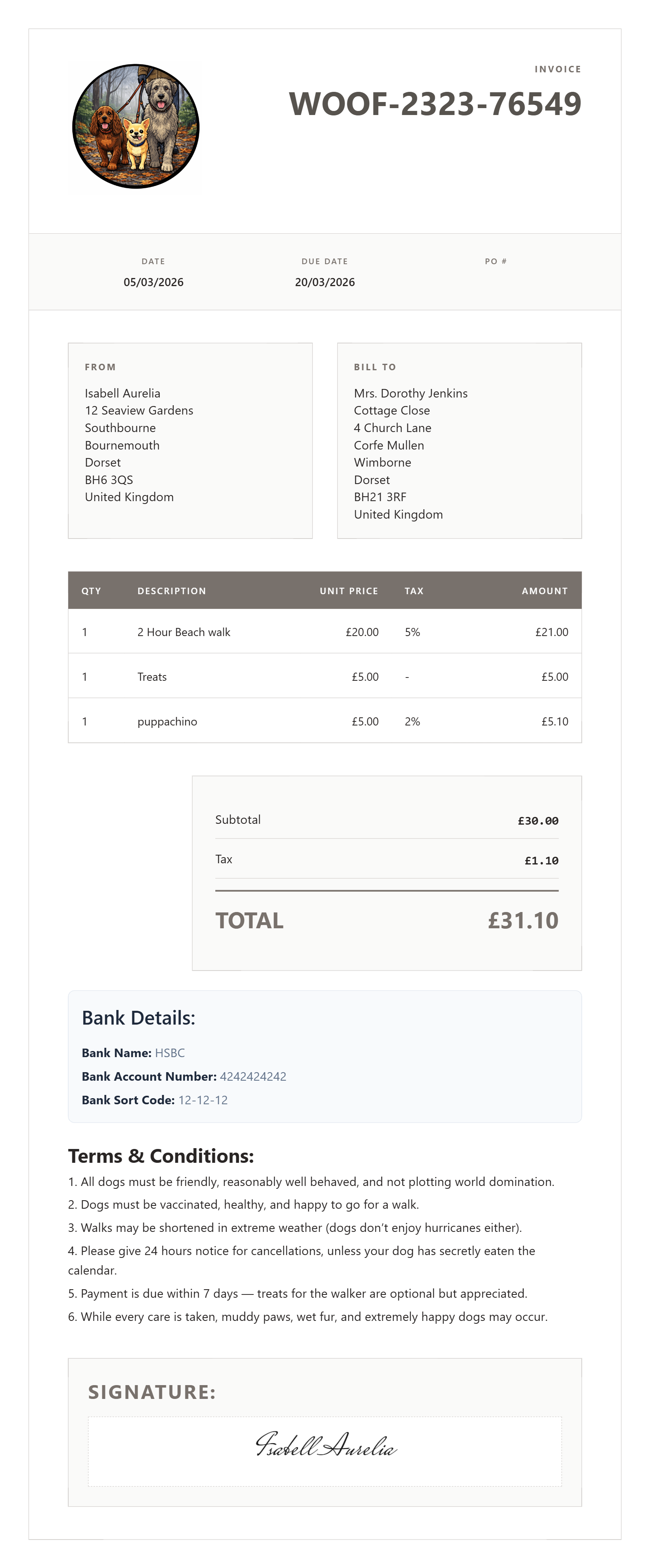 Home services invoice example